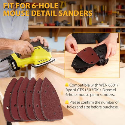 84Pcs Mouse Detail Sander Sandpaper, 6 Holes Triangle Sanding