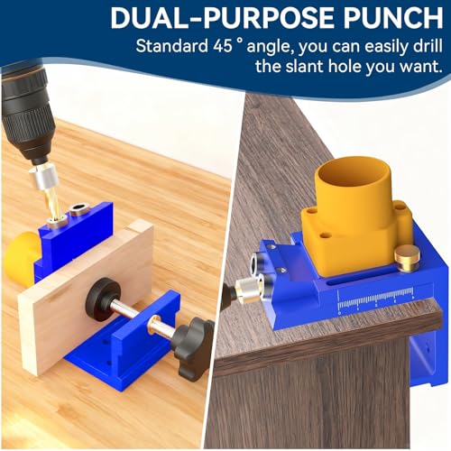 Pocket Hole Jig Kit with Detachable Vacuum Adapter, Professional Aluminum Pocket Hole Jig System Inclined Hole Drilling Positioner Woodworking Oblique Punch Locator Fixture (Blue)