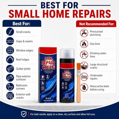 Leak Repair Cream with Brush, Black Waterproof Sealant for Cracks and Gaps