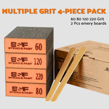 S&F STEAD & FAST Sanding Sponge 60 80 120 220 Grit 4 Pcs with 2 Emery Board