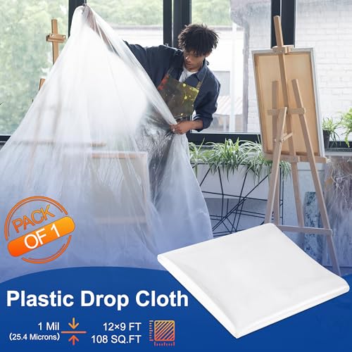 Plastic Drop Cloths, 1Mil Thick, 9x12 Ft, Thickened Painter's Sheeting - size: 1mil-1Pack