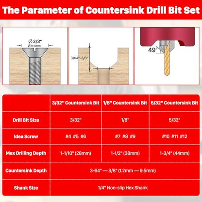 KEENTECH 6-PC Carbide Tipped Countersink Drill Bit Set 3/32" &1/8" &5/32"