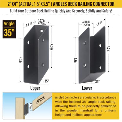 4 Pair(8pack) 35° Stair Stainless Steels Deck Railing Bracket Connectors, for 2x4 (Actually 1 ½" x 3 ½") Wood Deck Railing Post to handrail Connection (Matte Black) - size: Angles 35°