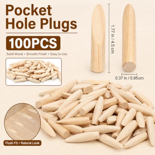 100PCS Solid Wood Pocket Hole Plugs, 3/8 Inch Pocket Screw Jig Plugs Pine Wood Plugs Woodworking Tool for Pocket Hole Jig Accessories, Various Woodworking Projects