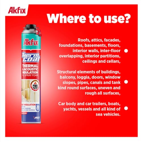 Akfix Thermcoat Fire Rated Spray Foam Insulation Kit 960 sq ft (48x27.1 oz.) - 11.32/2 inch Closed Cell Expanding Wide Sealant Thermal Insulation for Walls and Attic - Gun & Cleaner Included - size: 48 Pack