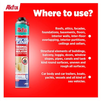 Akfix Thermcoat Fire Rated Spray Foam Insulation Kit 960 sq ft (48x27.1 oz.) - 11.32/2 inch Closed Cell Expanding Wide Sealant Thermal Insulation for Walls and Attic - Gun & Cleaner Included - size: 48 Pack