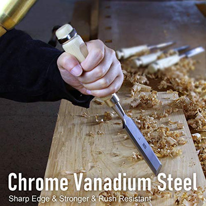 Woodworking 4 PC Wood Chisel Set Chrome-Vanadium Steel with Hornbeam Handles for Carpentry, Woodworking, Carving, Craftsman, 1/4 inch,1/2 inch,3/4 inch, 1 inch - size: 4 Piece Wood Chisel
