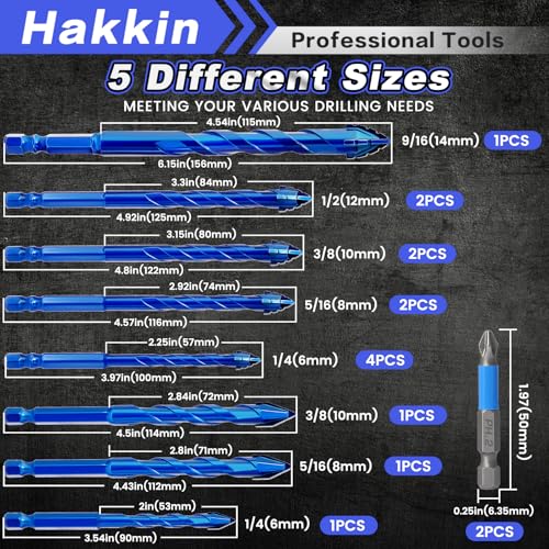16PCS Serrated Eccentric Masonry Drill Bit Set with PH2 Bits, 1/4” to 9/16” - size: A.1/4” to 9/16”