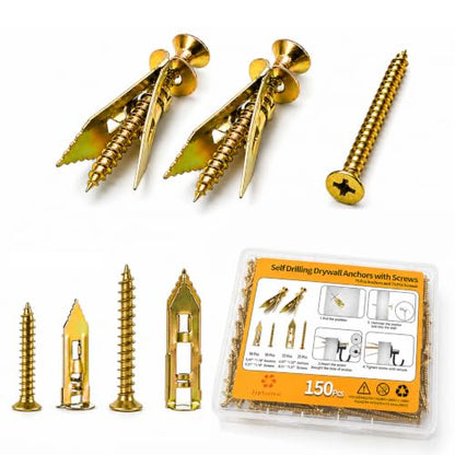 Jyphorixal 150Pcs Self Drilling Drywall Anchors with Screws Kit,Zinc Plated Steel,2 Sizes Expansion Screws and 2 Sizes Wall Anchors, Easy Application No Drill or Holes in Wall. - size: Yellow 150Pcs 2Size kit