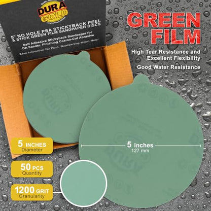 Dura-Gold Premium 5" Green Film PSA Sanding Discs - 1200 Grit (Box of 50) - size: 1200-Grit