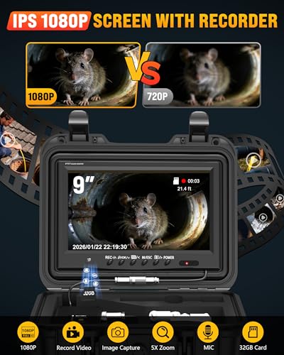OKK Sewer Camera with 512Hz Locator, Professional 9" Self-Leveling Drain Camera 300ft, Distance Counter, 7mm Cable, Pull Handle, Wheels, IP68 Waterproof, DVR with Mic, 32GB Card, 5100mAh Battery - size: 300ft/90m