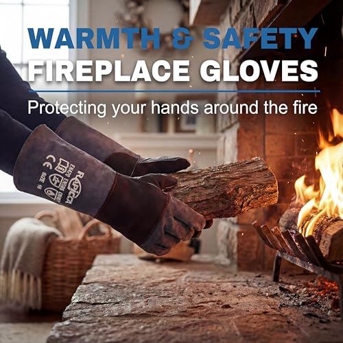 RAPICCA Fireplace Fire Pit Gloves, 932°F Fireproof Leather, 16in Dark Grey - color: Dark-grey(length 16in)