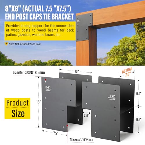 Aecxm 8"x8" (Actual 7.5"x7.5") Heavy Duty End Post Caps Tie Brackets for Wood, Deck Post to Beam Connector Bracket Stainless Steel 2Pack - size: End 8"×8"(Actual 7.5"×7.5")