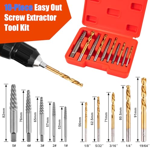 10-Piece Screw Extractor Left-Hand Drill Bit Set Spiral Flutes