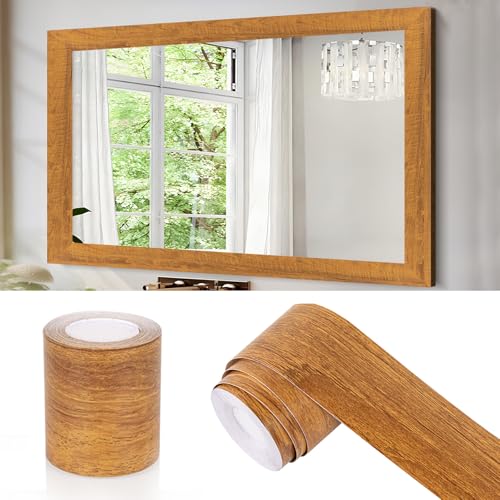 10M Mirror Border Peel and Stick, Wood Grain Wallpaper Border Mirror Tape - color: Brown Wooden, size: 2" x 393"