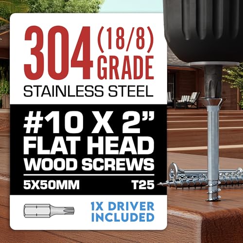 #10 x 2 Inch Stainless Steel Deck Screws | 304 Grade (350 Pack) | Flat Head T25 Star Torx Drive | Stainless Steel Wood Screws by Eagle Claw Fasteners | Corrosion & Rust Resistant (Includes Driver Bit) - size: #10 x 2"