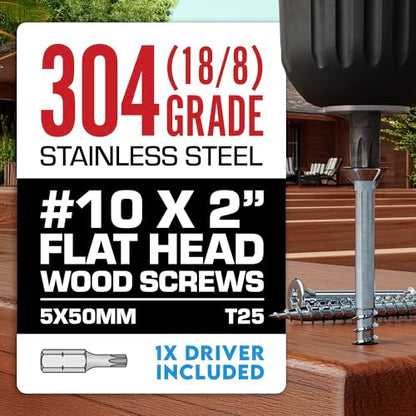 #10 x 2 Inch Stainless Steel Deck Screws | 304 Grade (350 Pack) | Flat Head T25 Star Torx Drive | Stainless Steel Wood Screws by Eagle Claw Fasteners | Corrosion & Rust Resistant (Includes Driver Bit) - size: #10 x 2"