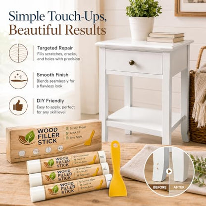 White Wood Filler Sticks 3 Pack, Quickly White Wax Fill Stick, Wood Repair Kit for Scratches, Crack, Scuffs, Gouges on Wooden Funiture, Floors, Cabinets, Tables, and Doors