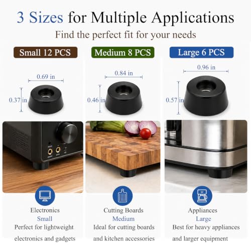 Screw or Adhesive Rubber Feet for Cutting Board, 26 Pack 3 Size Set