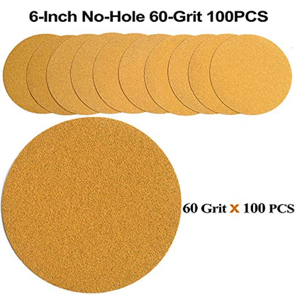 6-Inch No-Hole Hook and Loop Gold Sanding Discs 60-Grit, 100-Pack