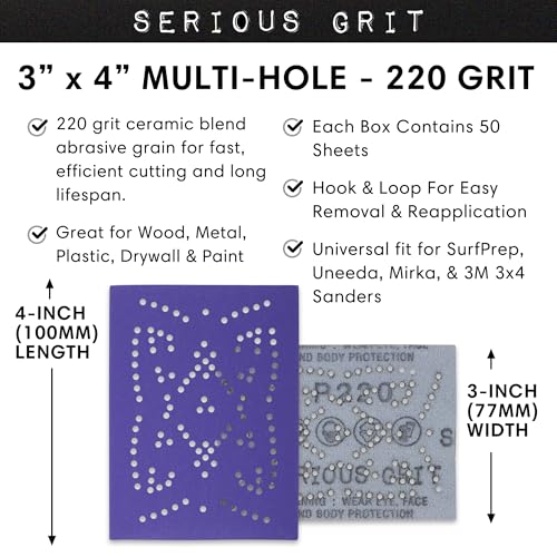 Serious Grit - 3x4 P220 Grit Ceramic Multi-Hole Sanding Sheets - 50 Pack - style: 220 Grit