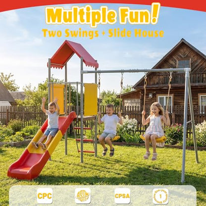 Mersco Playground Sets for Backyards, 440lbs Metal Heavy Duty Sturdy Swing Set with Slide & 2 Swing Seats, Upper Deck with Canopy, Outdoor Swing Sets for Backyard, for Kids