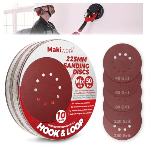 50PCS 9-Inch 10-Hole Hook & Loop Sanding Discs (40/60/80/120/240 Grit – 10 Each) – Multi-Grit Aluminum Oxide Sandpaper Set for Drywall Sander, Paint Removal, Wood & Metal Surface Prep - style: 10 Hole