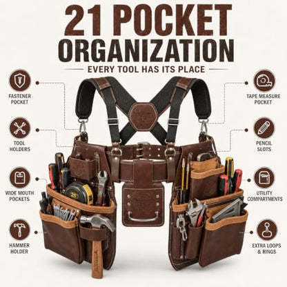 leather tool belt with 21 Pocket Tool Pouches | brown - color: Brown