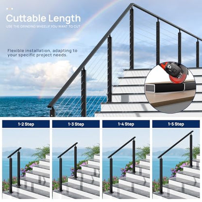8FTx 2"x1" Aluminum Black Handrail with Self Drilling Screw Nylon End Caps - size: 8FT