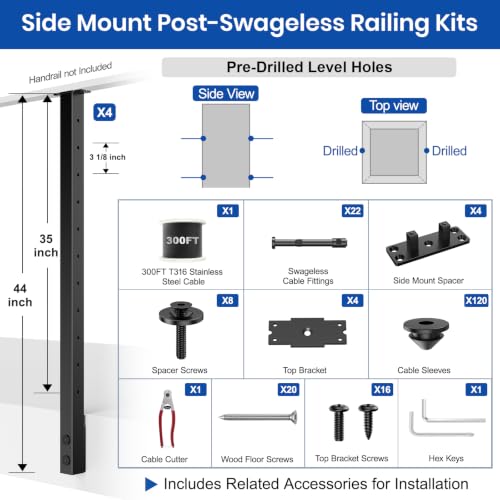 BLIKA 12-24FT Side Mount Cable Railing Post Kits 36 Inch,Black Space-Saving - color: Side Mount Level Kit (12–24FT, 300FT Cable)