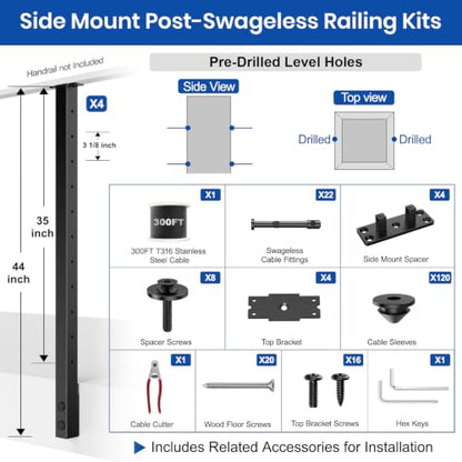 BLIKA 12-24FT Side Mount Cable Railing Post Kits 36 Inch,Black Space-Saving - color: Side Mount Level Kit (12–24FT, 300FT Cable)