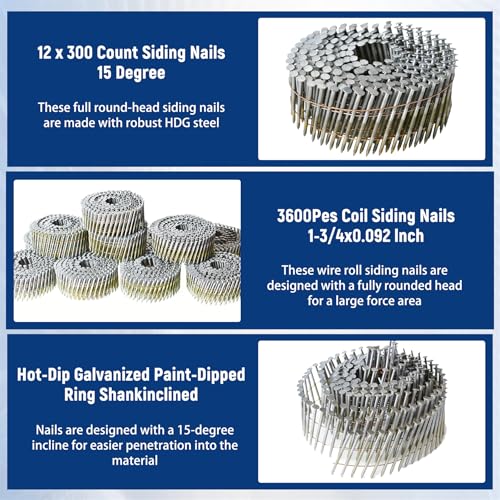 waltyotur 1-3/4Inch x 0.092Inch Collated Wire Coil Siding Nails - size: 1-3/4Inch x 0.092Inch