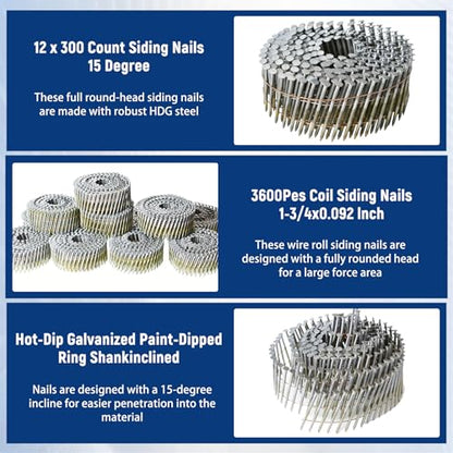 waltyotur 1-3/4Inch x 0.092Inch Collated Wire Coil Siding Nails - size: 1-3/4Inch x 0.092Inch