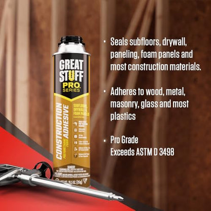 GREAT STUFF PRO Construction Adhesive for Wall & Floor 26.5oz, Polyurethane Foam Adhesive for Subfloors, Drywall & Foam Panels, One Component, Off White, Pack of 12 with Applicator (Standard Gun) - style: Standard Gun