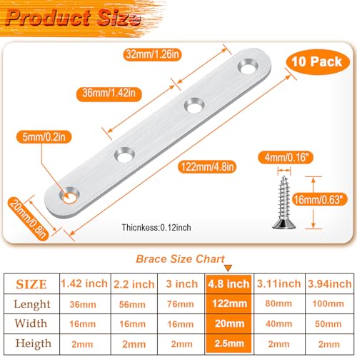 4.8 inch Flat Bracket Straight Brace Mending Plates, 10 PCS - color: Brushed Nickel, size: 10 Pcs / 4.8 x 0.8 in