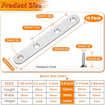 4.8 inch Flat Bracket Straight Brace Mending Plates, 10 PCS - color: Brushed Nickel, size: 10 Pcs / 4.8 x 0.8 in