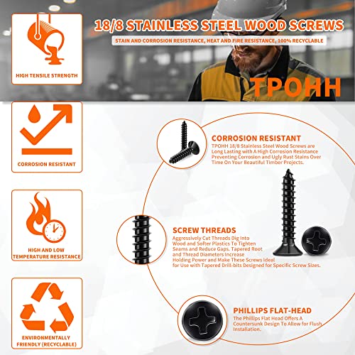100 PCS #6 X 1 Inch Black Oxide Coated Flat Head Phillips Wood Screw, Stainless Steel 18-8 (A2) Fully Threaded 6 X 1'' Multipurpose Screws by TPOHH - size: #6 X 1 inch