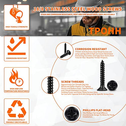 100 PCS #4 X 1/2 inch Stainless Steel 18-8 (A2) Wood Screws, Black Coated Flat Head Phillips Full Threaded 0.47" Length Small Screw by TPOHH - size: #4 X 1/2 inch