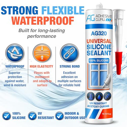 Adhesive Guru All Purpose Clear Silicone Sealant Waterproof 10.15 fl.oz, 100% Silicone Caulk, Weatherproof & Flexible Adhesive Sealant for Indoor and Outdoor Use, Transparent - 1 Pack - size: 1 Pack