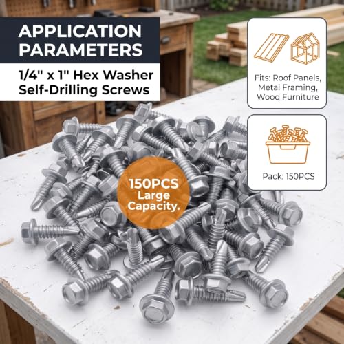 1/4" x 1" Self Tapping Screws for Metal with 3/8” Hex Washer Head, 150PCS