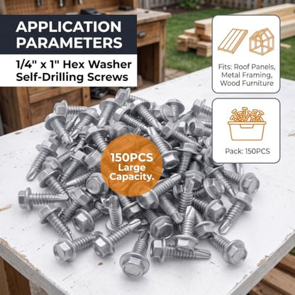1/4" x 1" Self Tapping Screws for Metal with 3/8” Hex Washer Head, 150PCS