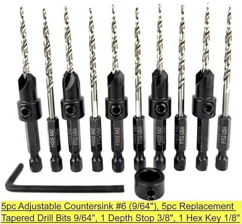 FTG USA 5 Pc #6 (9/64") Countersink Drill Bit Set with 5 Replacement Bits - size: #6