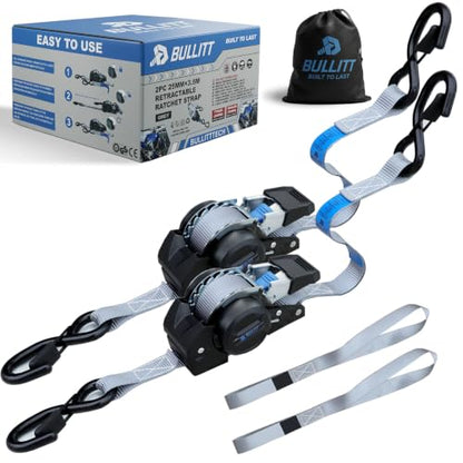 2‑PCS Retractable Ratchet Straps 1"x11.5ft, 1540‑lbs(MAX) Safety‑Lock Hooks