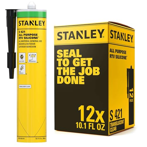 Stanley S421 RTV Silicone Caulk Translucent (12 x 10.1 fl.oz.) - 100% Waterproof Industrial-Grade Silicone for Kitchen, Bathroom, Shower, Window, Door, Indoor & Outdoor Use