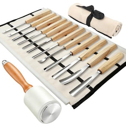BAUSATZ Wood Carving Kit, 12 Chisels + 1 Mallet + Canvas Pouch, Wood Carving Tools, Cr-V 60 Steel Blades, Woodworking Tools for Professionals Carpenters Wood Chisel Sets for Woodworking Beginners