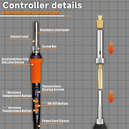CS901 Heat Set Insert Tool Kit, 90W Digital Soldering Iron with 180-500℃ LCD Temp & Threaded Inserts M2 M2.5 M3 M4 M5 M6 M8 for Plastic 3D Printing, Compatible with Heat Set Tasks