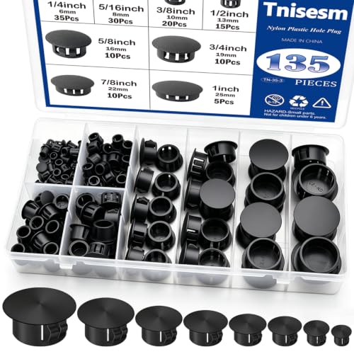 Tnisesm 135Pcs 8 Sizes Nylon Plastic Hole Plugs Black 1/4" 5/16" 3/8" 1/2" 5/8" 3/4" 7/8" 1" Round Drill Hole, Furniture Cabinet Insert End Caps Industrial Hardware Biscuits & Plugs - color: 8 Size(1/4"-1"-135pcs)