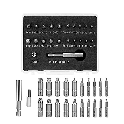 22pcs Damaged Screw Extractor Broken Screws and Bolt Stripped Remover Kit with Magnetic Extension Bit Holder & Socket Adapter