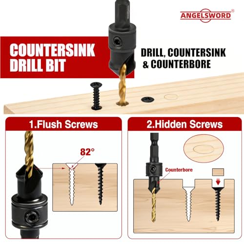 ANGELSWORD Countersink Drill Bit Set, 13 PCS Counter Sink Drill Bit Adjustable, #4, #6, #8, #10, #12, Extra 5pc Replaceable Drill Bits