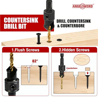 ANGELSWORD Countersink Drill Bit Set, 13 PCS Counter Sink Drill Bit Adjustable, #4, #6, #8, #10, #12, Extra 5pc Replaceable Drill Bits